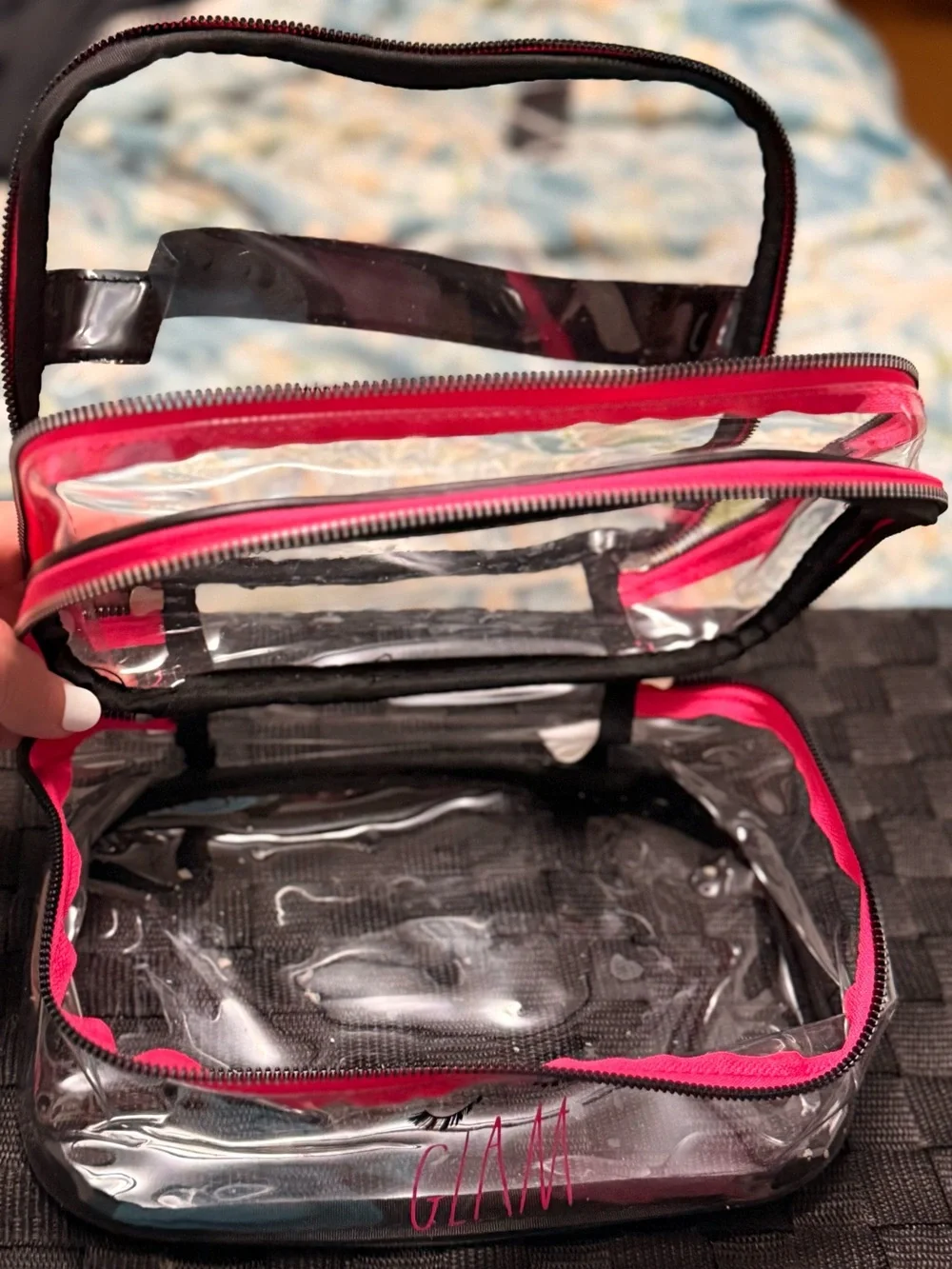 Rae Dunn Clear Hot Pink GLAM Cosmetic Bag Double Layer